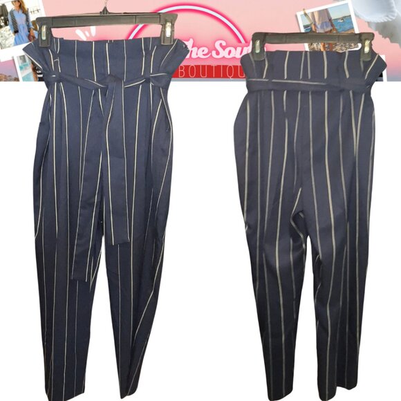 🖤 Antonio Melani Paper Bag Waist Pinstripe Wide Leg Cropped Pants – Size 8 - Picture 2 of 7